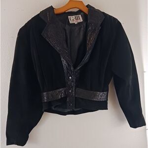 G III Black Leather Bomber Jacket Cropped  Batwing Accent Suede Paisley M